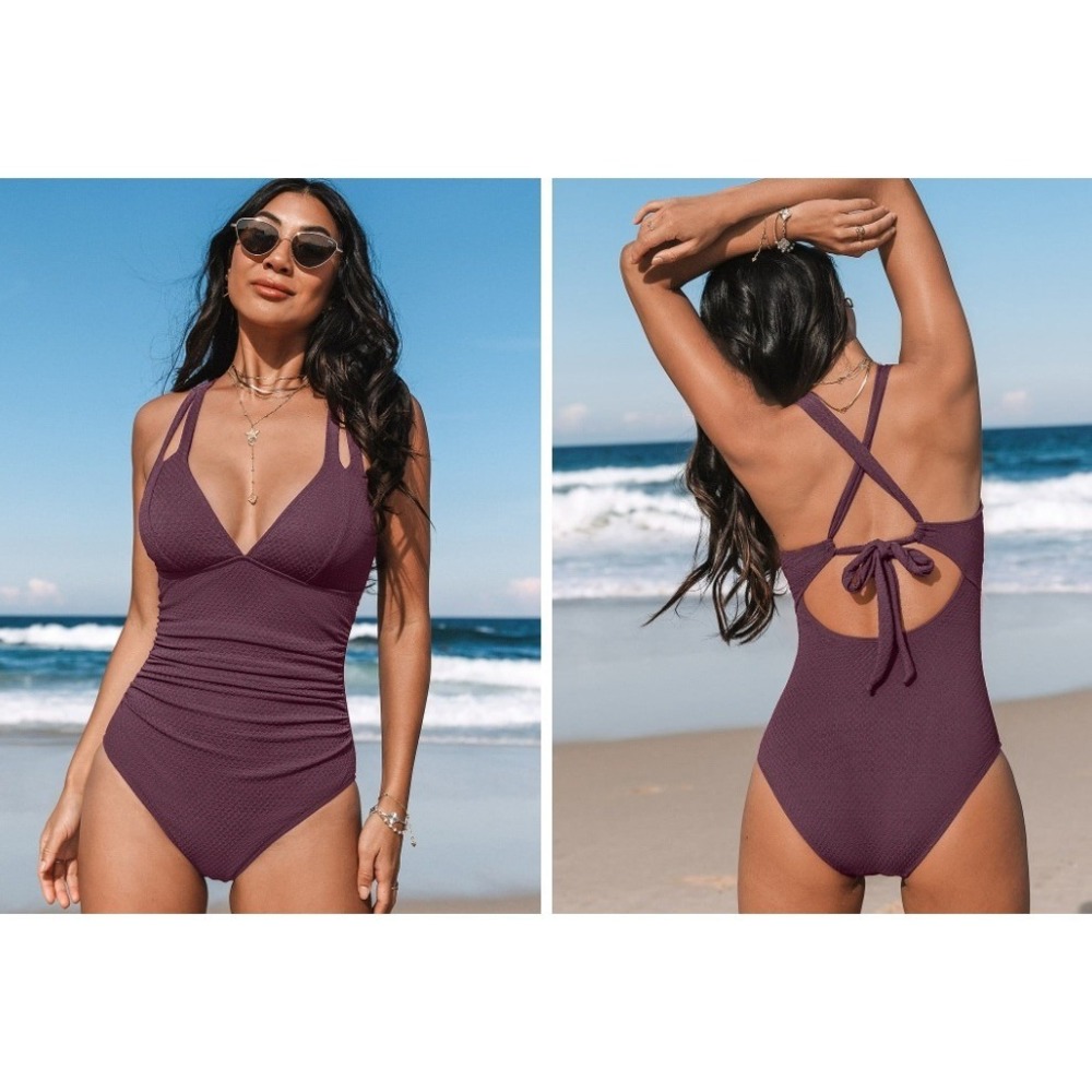 Cupshe Deep V Plum Textured One-Piece Swimsuit